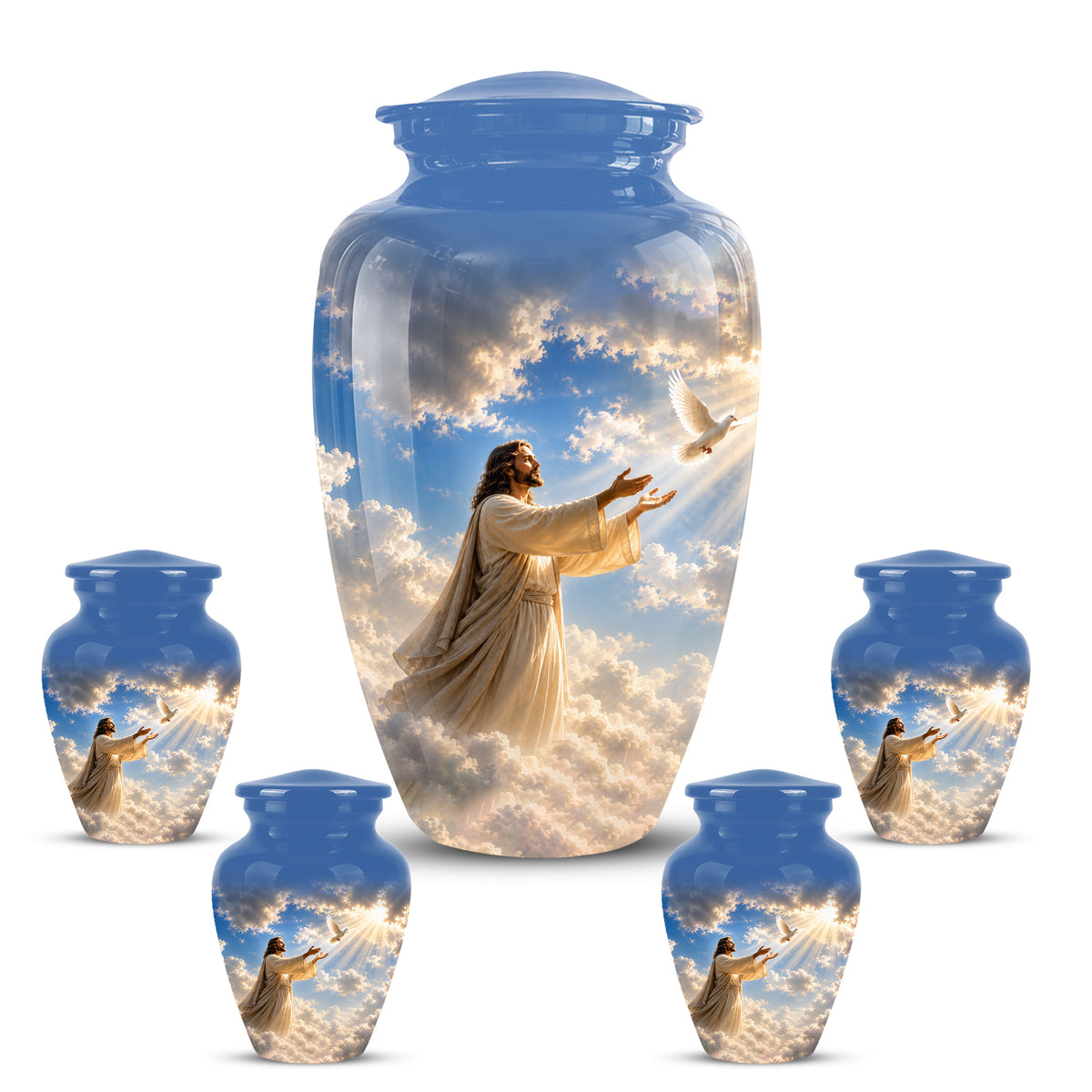 Personalized Jesus With White Dove Urn - Blue Aluminum Cremation Urns