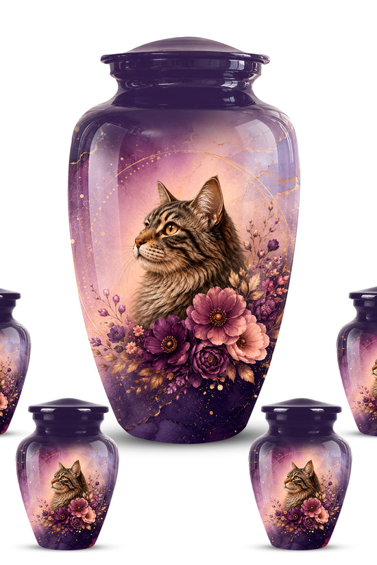 Floral Cat Memorial Urn – Personalized Purple Aluminum Ashes Urn For Ashes
