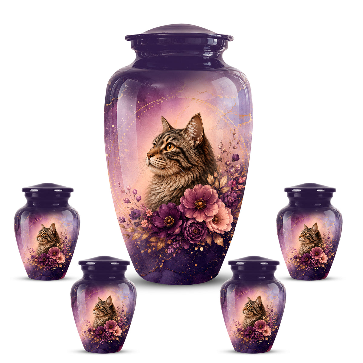 Floral Cat Memorial Urn – Personalized Purple Aluminum Ashes Urn For Ashes