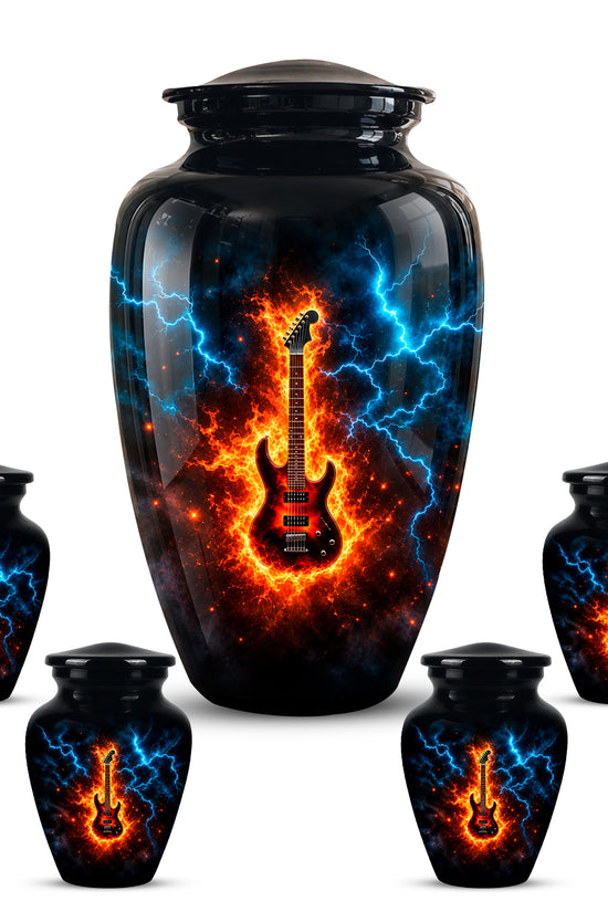 Majestic Thunder & Fire Guitar Cremation Urn - Black Funeral Urns For Ashes