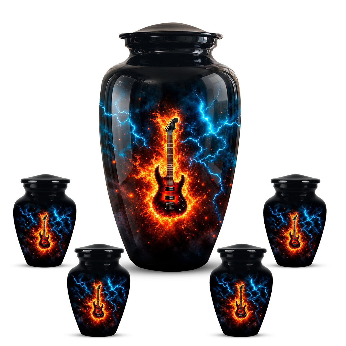 Majestic Thunder & Fire Guitar Cremation Urn - Black Funeral Urns For Ashes