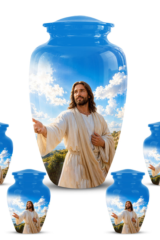 Blue Jesus Funeral Urn - Custom Aluminum Cremation Urn For Human Ashes