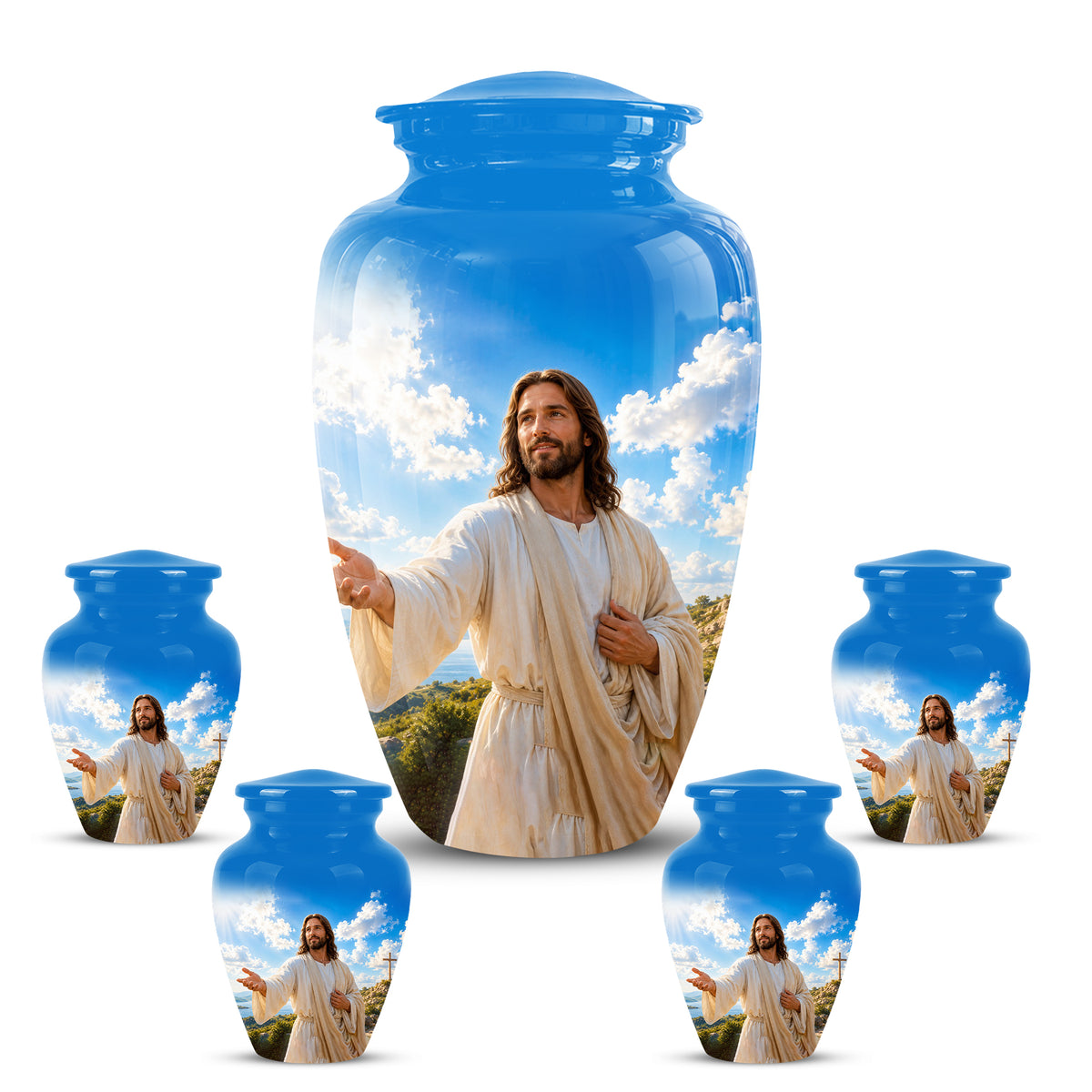 Blue Jesus Funeral Urn - Custom Aluminum Cremation Urn For Human Ashes