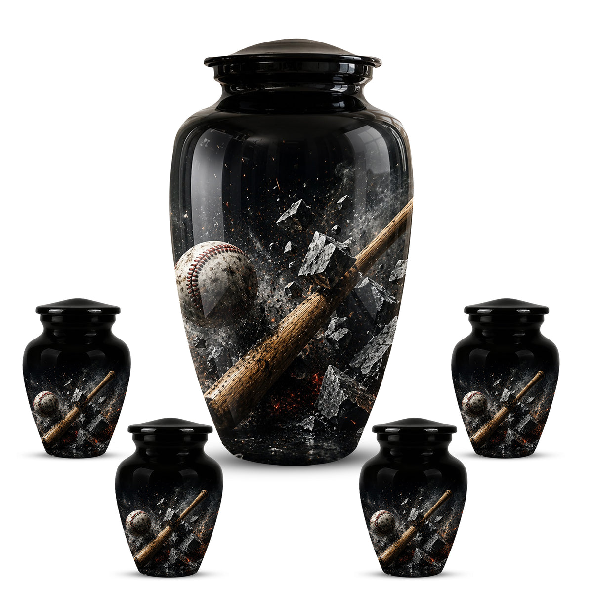 Baseball Bat Shattering Stone Urn - Custom Black Funeral Urns For Ashes