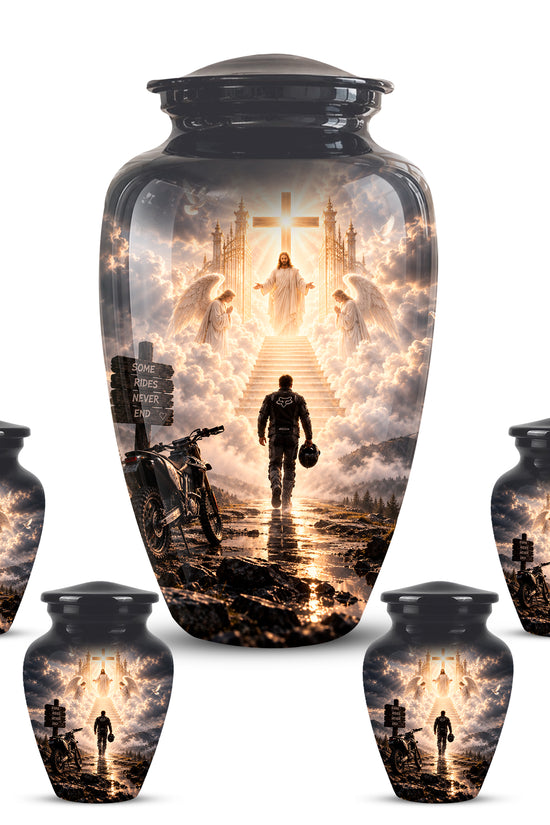 Bike Rider In Heaven Memorial Urn - Jesus & Angels Heaven Stairs Urns