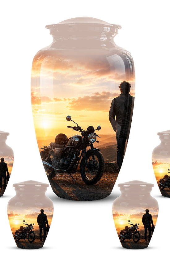 Custom Sunset Mountain Bike Rider Aluminum Urn – Hand Engraved