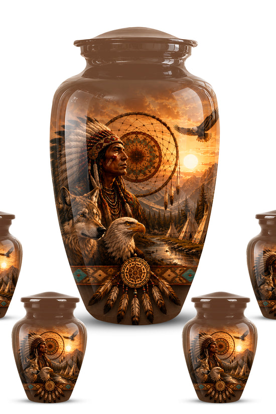 Native American Man, Eagle & Wolf Custom Memorial Urn For Human Ashes