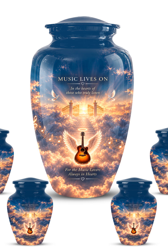Angel Wings & Guitar Tribute Funeral Urn - Sunset Heaven Gate & Stairs Memorial Urn