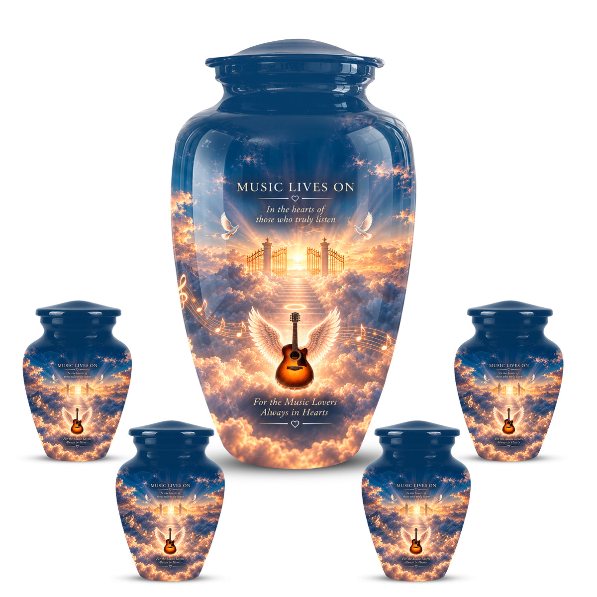 Angel Wings & Guitar Tribute Funeral Urn - Sunset Heaven Gate & Stairs Memorial Urn