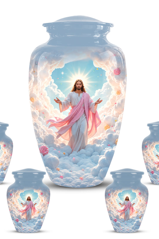 Heavenly Blue Clouds & Jesus Adult Aluminum Cremation Urn For Ashes