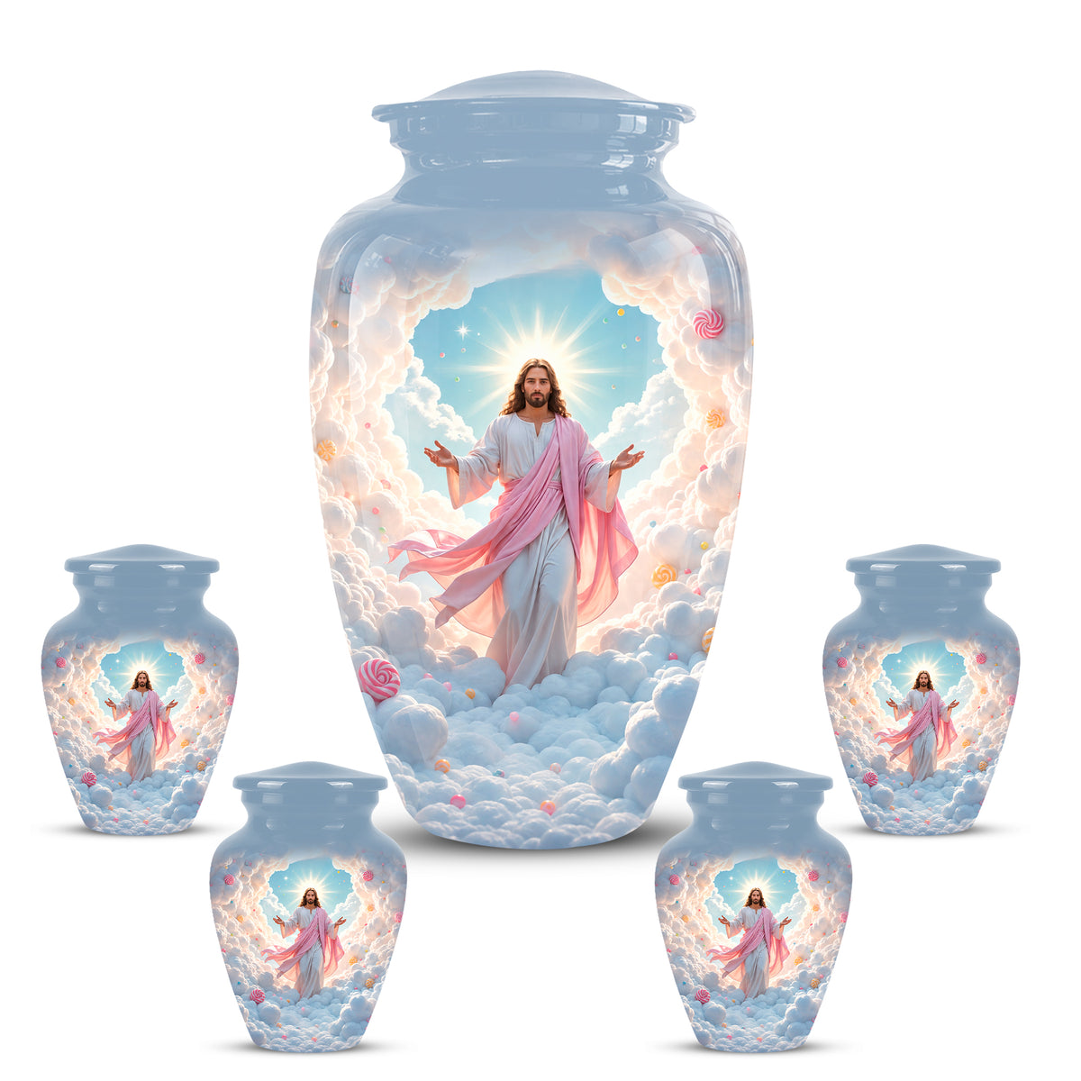 Heavenly Blue Clouds & Jesus Adult Aluminum Cremation Urn For Ashes