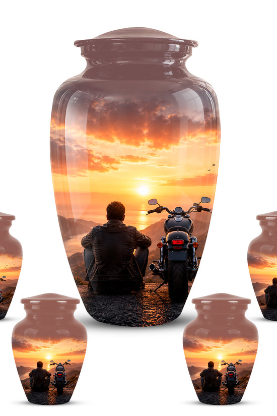 Peaceful Sunset Motorcycle Cremation Urn – Handcrafted Tribute to Biker Ashes