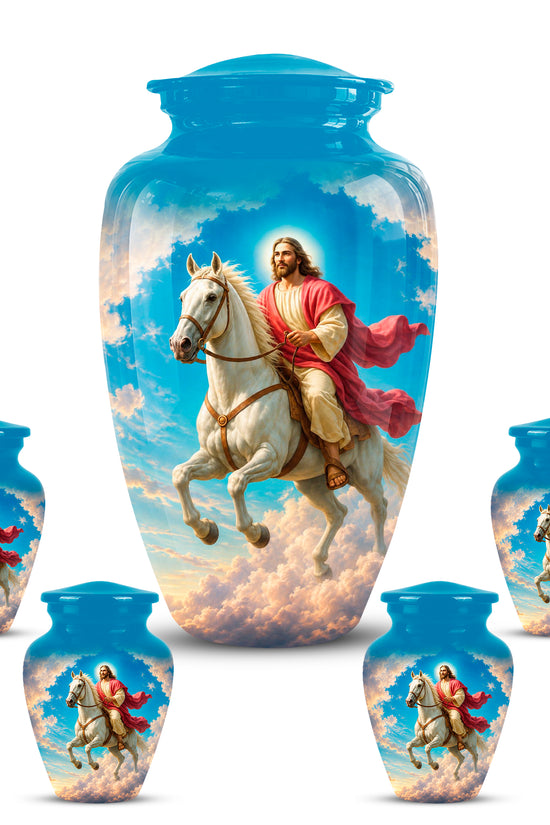 Custom Blue Aluminum Horse & Jesus Religious Urn for Human Ashes