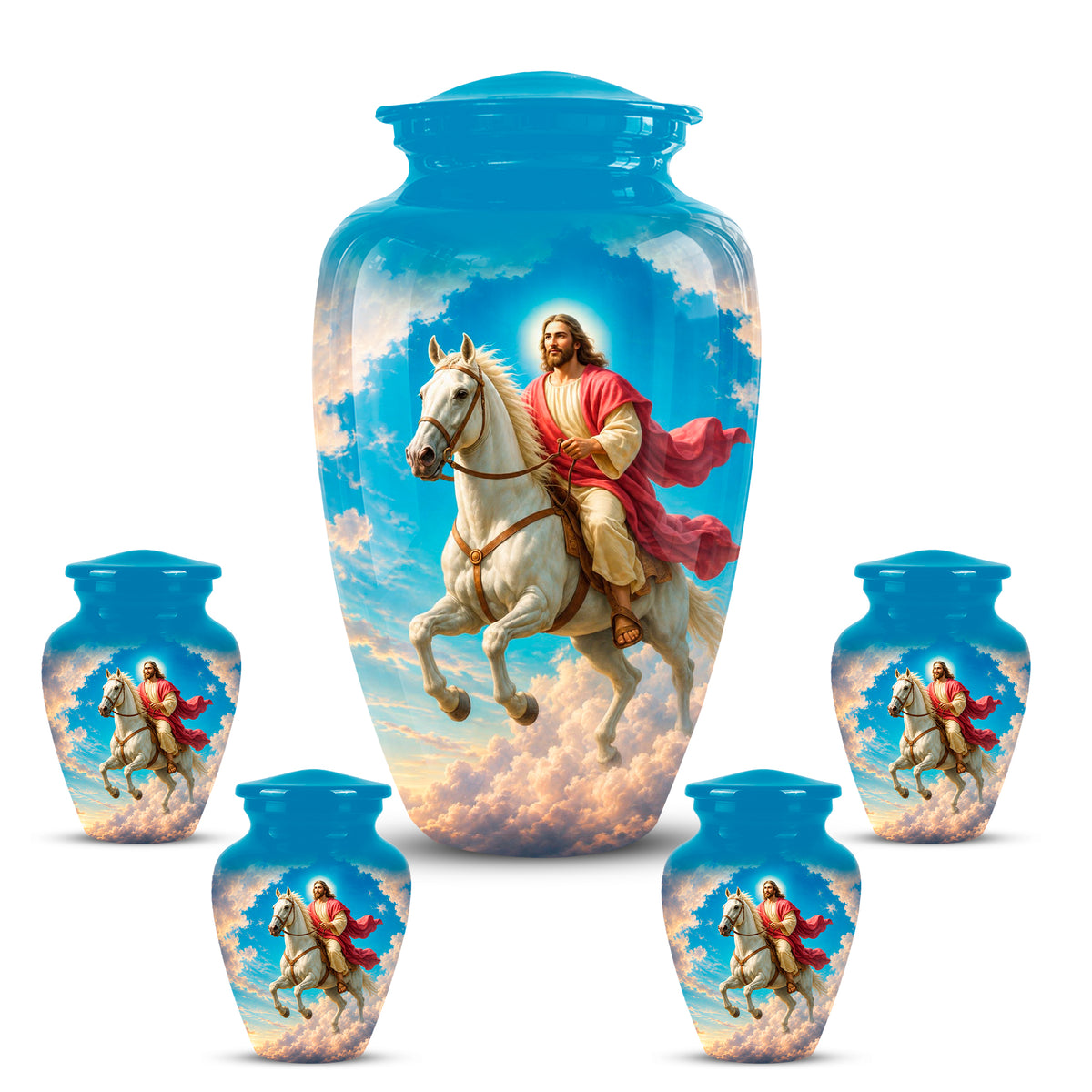 Custom Blue Aluminum Horse & Jesus Religious Urn for Human Ashes