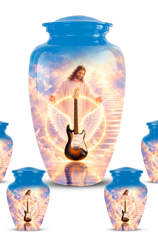 Custom Guitar Aluminum Memorial Urn - Angel Wing & Jesus Urns For Ashes
