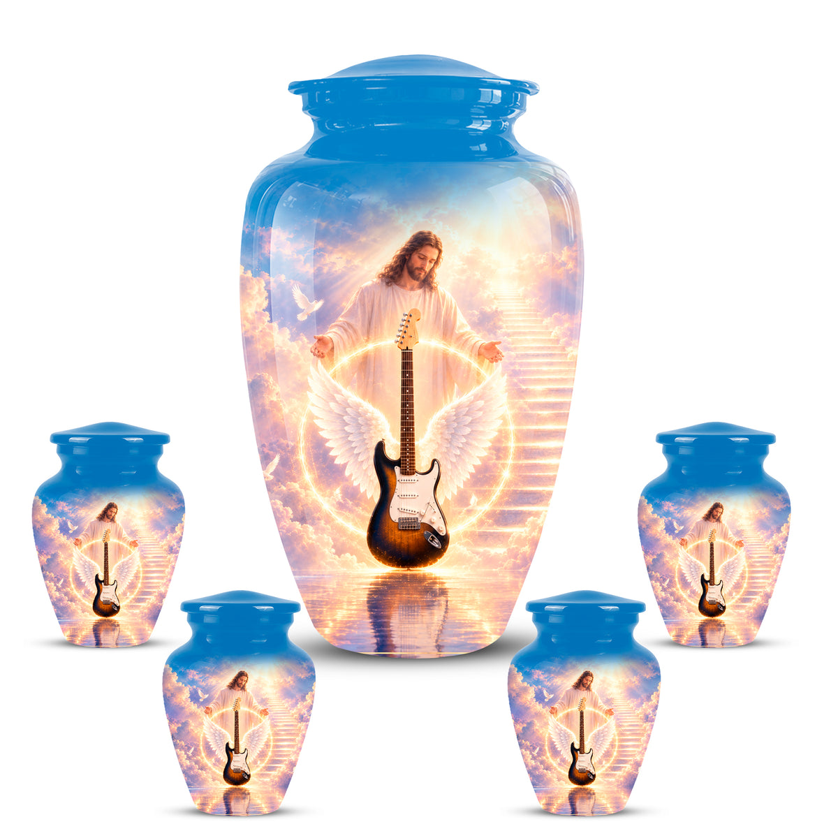 Custom Guitar Aluminum Memorial Urn - Angel Wing & Jesus Urns For Ashes
