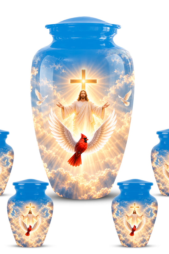 Christian Memorial Urn with Jesus & Cardinal - Heavenly Cremation Ashes Urn