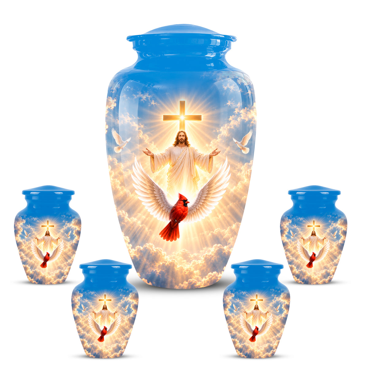 Christian Memorial Urn with Jesus & Cardinal - Heavenly Cremation Ashes Urn