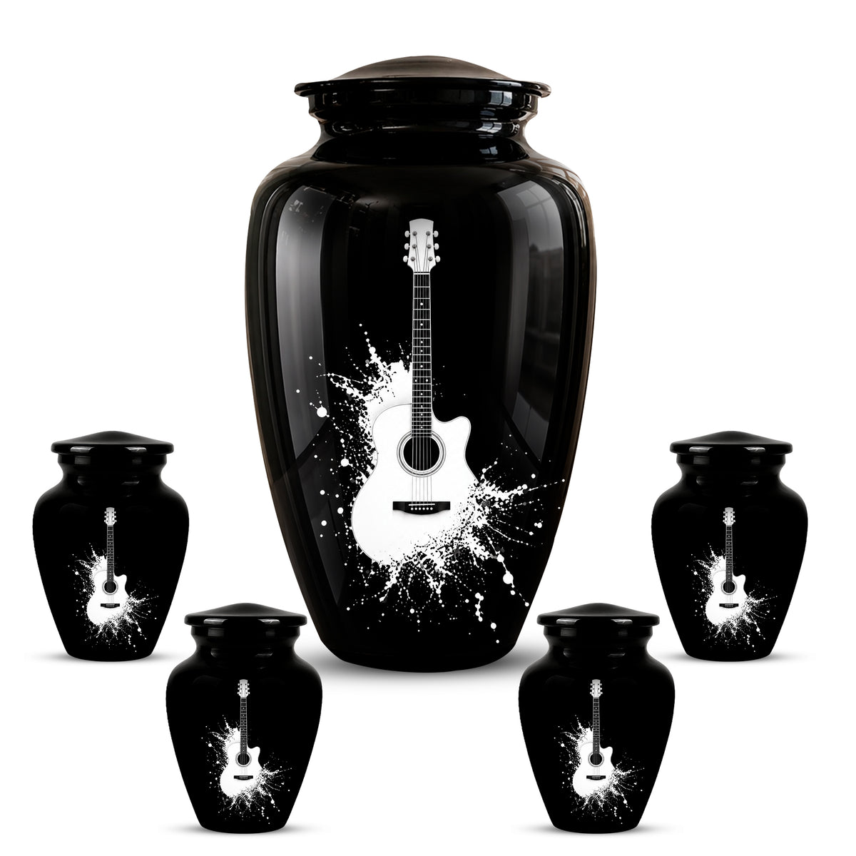White Guitar Cremation Urn - Artistic Black Memorial Urns For Musicians