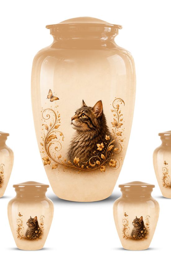 Custom Brown Memorial Cat Urn – Floral Aluminum Pet Ashes Cremation Urn