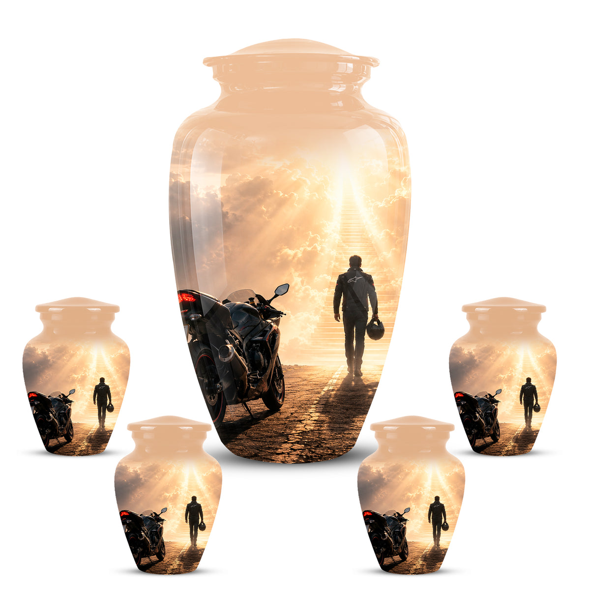 Heavenly Stairs & Rider Urn - Motorbike Cremation Urns For Biker Ashes