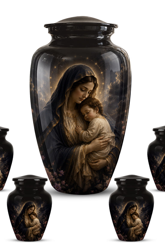 Virgin Mary With Baby Jesus Urn - Personalized Black Cremation Urn For Ashes