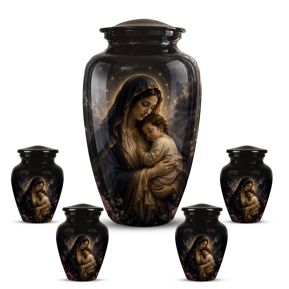 Virgin Mary With Baby Jesus Urn - Personalized Black Cremation Urn For Ashes