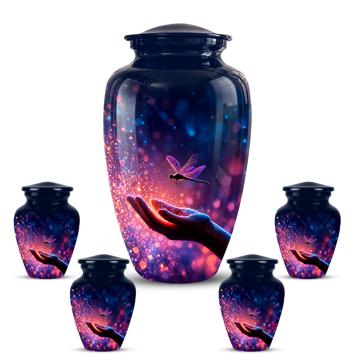 Blue Serene Dragonfly Cremation Urn - Majestic Human Hand Ashes Container
