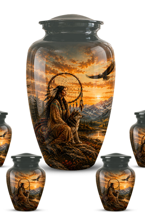 Native American Woman & Flying Eagle – Sunset Wolf Memorial Ashes Urn