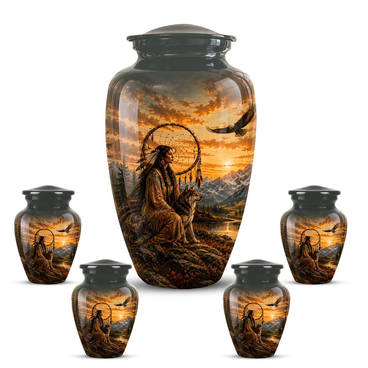 Native American Woman & Flying Eagle – Sunset Wolf Memorial Ashes Urn