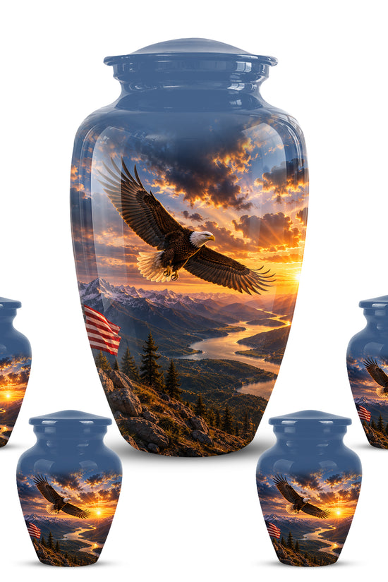 Sunset Eagle Funeral Urn - Blue Custom Aluminum Urns For Human Ashes