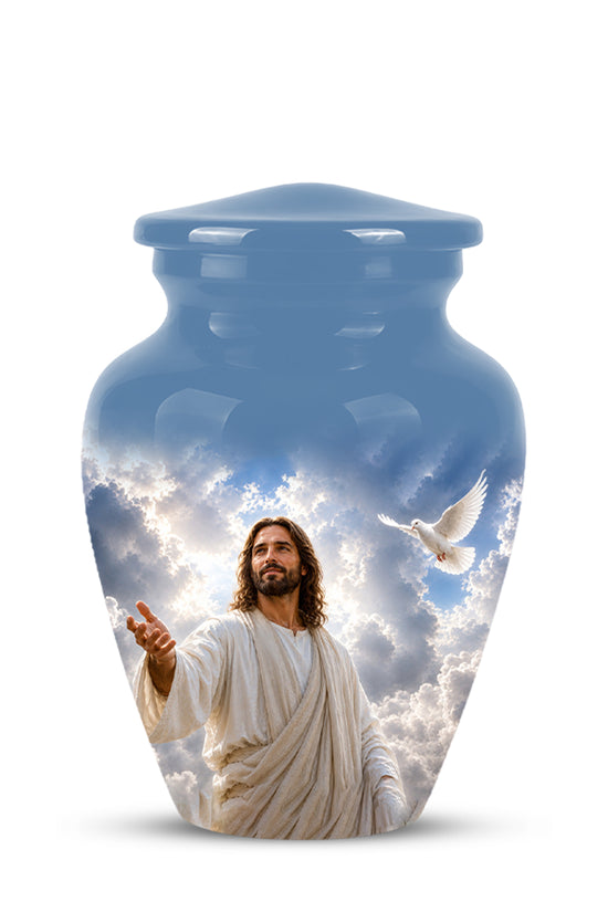 Personalized Jesus Cremation Urn - Blue Aluminum Urn For Spiritual Humans