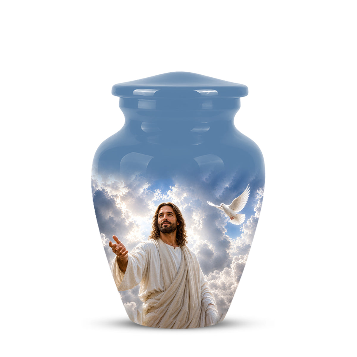 Personalized Jesus Cremation Urn - Blue Aluminum Urn For Spiritual Humans