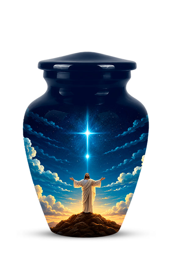A glossy dark blue ceramic cremation urn with a lid, featuring a printed graphic of Jesus Christ standing on a hill with his arms raised toward a bright star in a blue sky with clouds.