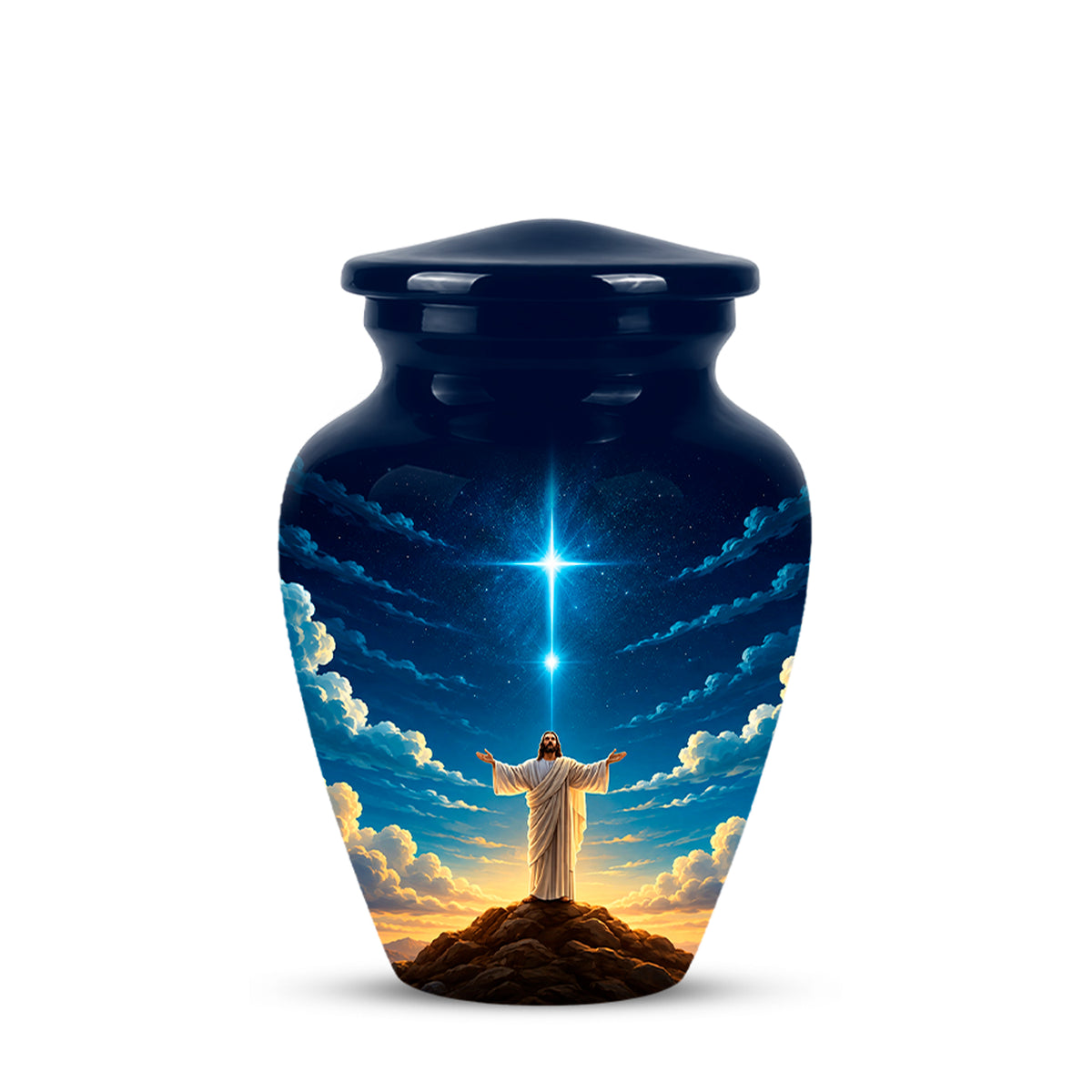 A glossy dark blue ceramic cremation urn with a lid, featuring a printed graphic of Jesus Christ standing on a hill with his arms raised toward a bright star in a blue sky with clouds.