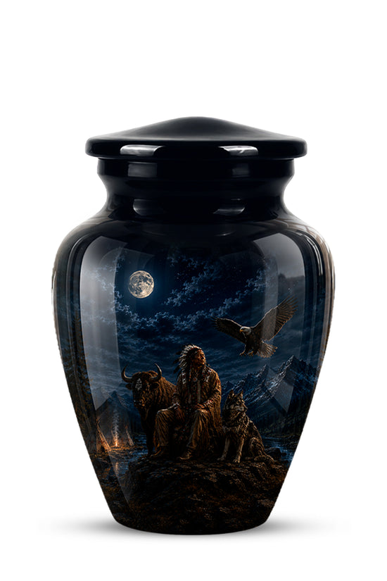 A glossy black ceramic cremation urn with a lid, featuring a detailed printed illustration of a night scene with a full moon, mountains, a campfire, and a bird, shown on a white background.