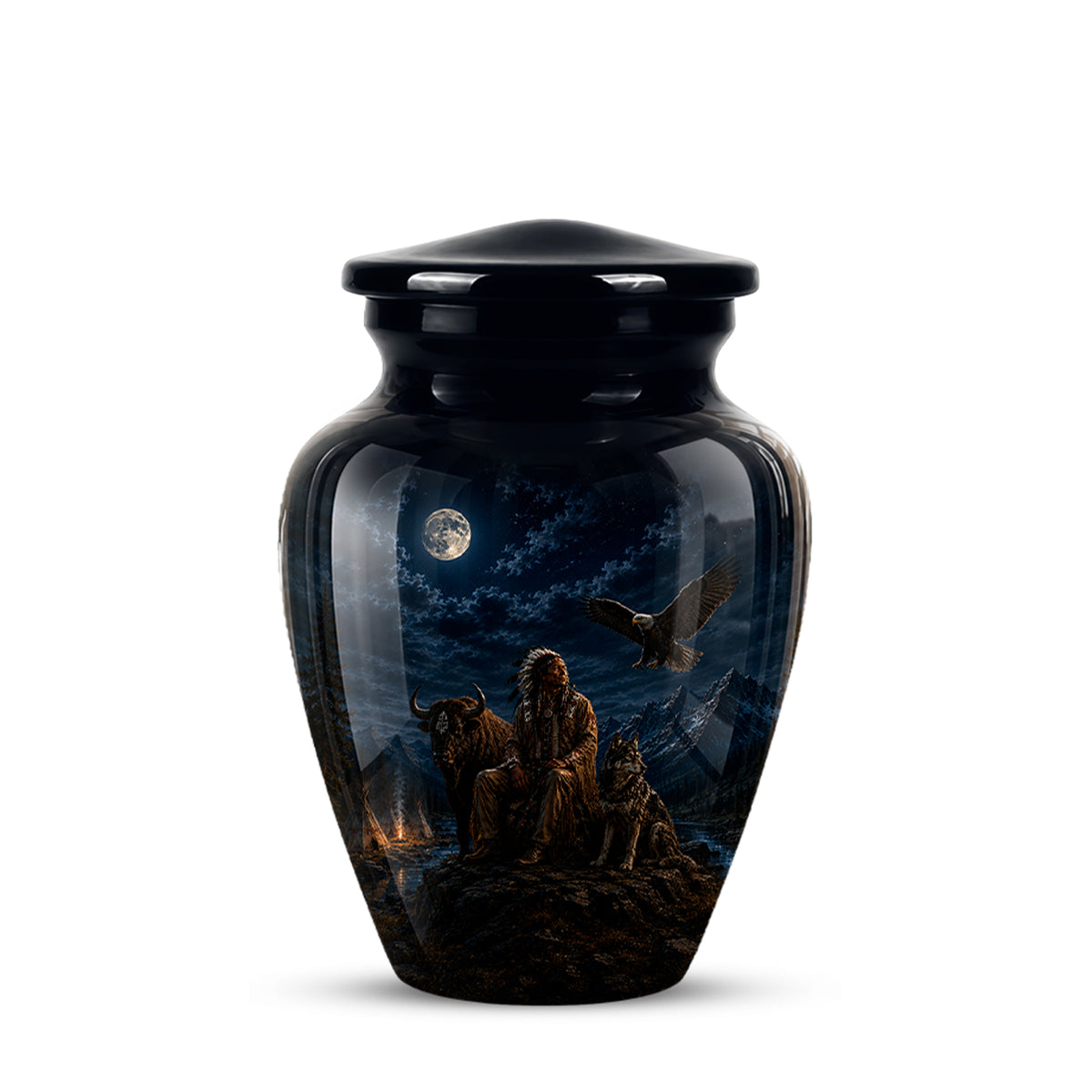 A glossy black ceramic cremation urn with a lid, featuring a detailed printed illustration of a night scene with a full moon, mountains, a campfire, and a bird, shown on a white background.