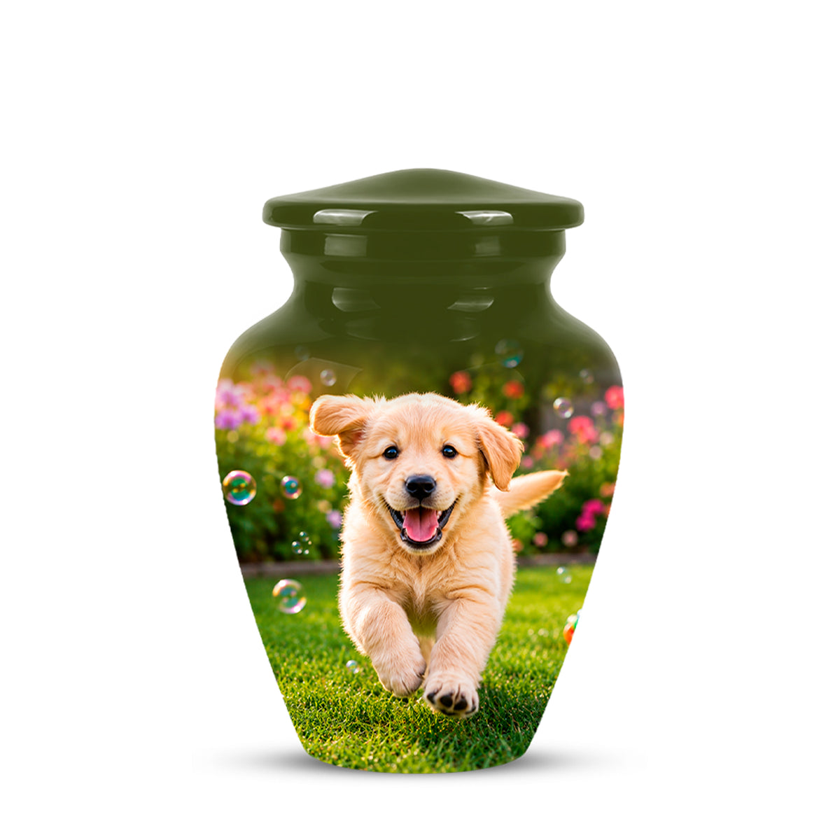 A glossy dark green pet urn with a lid, featuring a printed photo of a golden retriever puppy running on grass in a garden on the front.