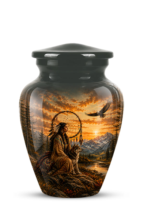 A glossy black ceramic cremation urn with a lid, featuring a detailed scenic print of a Native American figure, a dog, a dreamcatcher, mountains, and a sunset on the front.