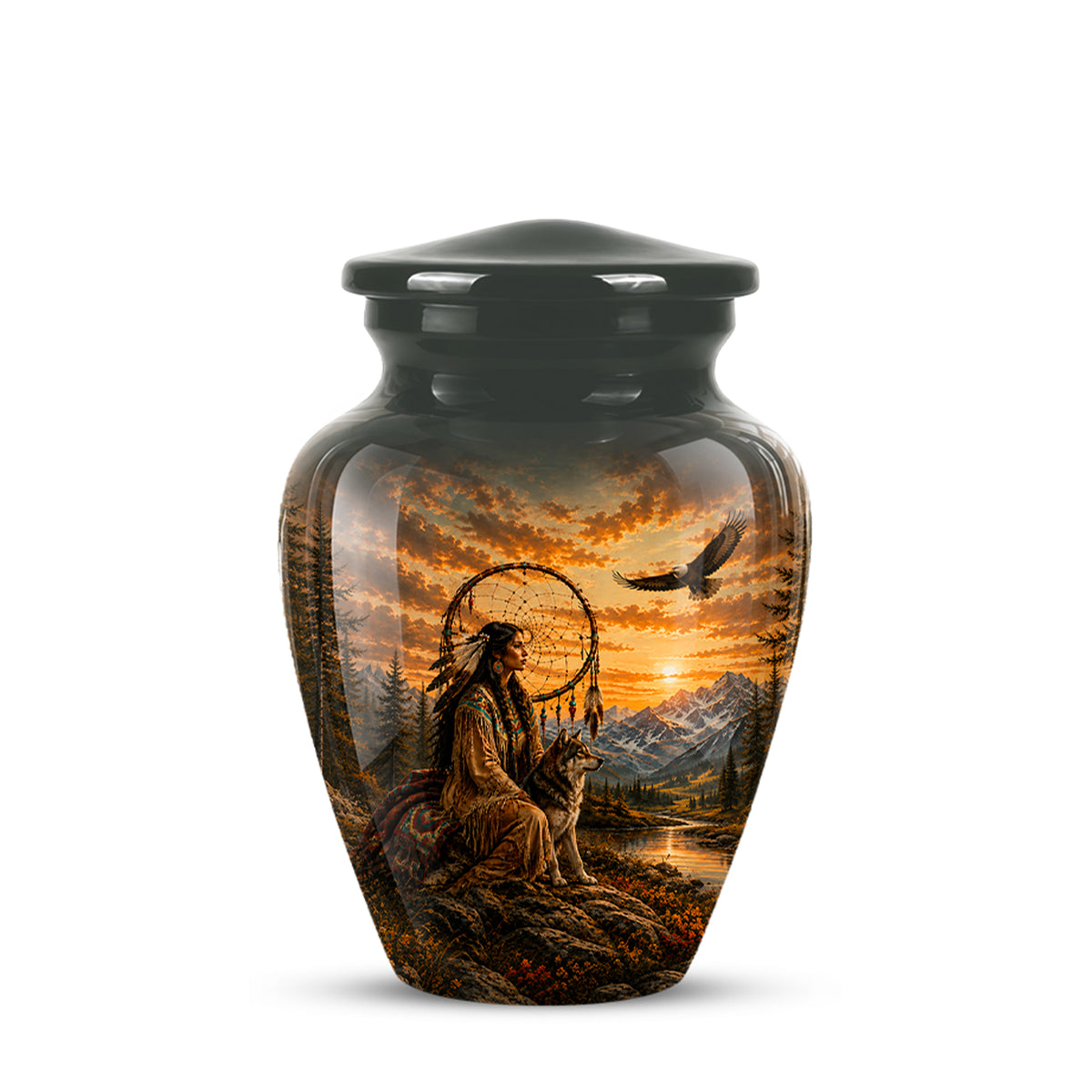 A glossy black ceramic cremation urn with a lid, featuring a detailed scenic print of a Native American figure, a dog, a dreamcatcher, mountains, and a sunset on the front.