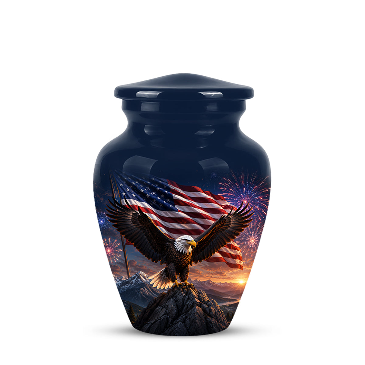 A glossy dark blue urn with a lid, featuring a printed graphic of a bald eagle on a mountain peak with an American flag, mountains, and fireworks in the background.