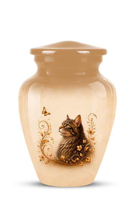 A glossy ceramic cremation urn with a lid, featuring a printed illustration of a brown tabby cat, gold floral scrollwork, and a butterfly on a light beige background.