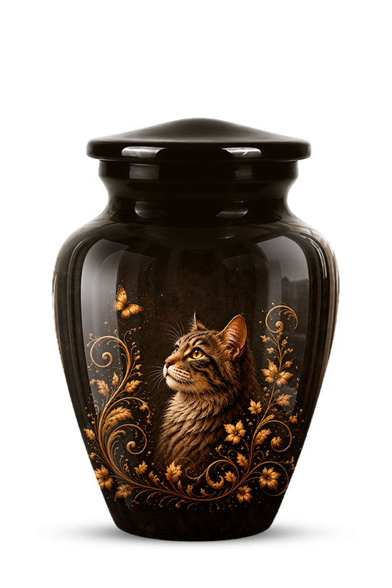A glossy black ceramic cremation urn with a lid, featuring a detailed illustration of a brown tabby cat surrounded by gold floral and butterfly motifs on the front.