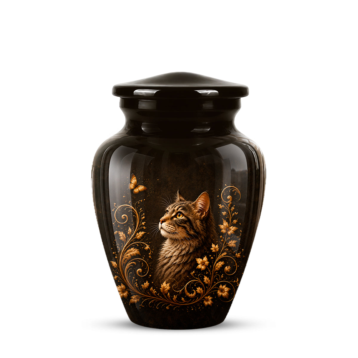 A glossy black ceramic cremation urn with a lid, featuring a detailed illustration of a brown tabby cat surrounded by gold floral and butterfly motifs on the front.