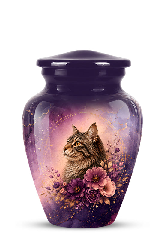 A glossy purple pet urn with a lid, featuring a printed illustration of a tabby cat surrounded by pink and purple flowers on a light purple background.