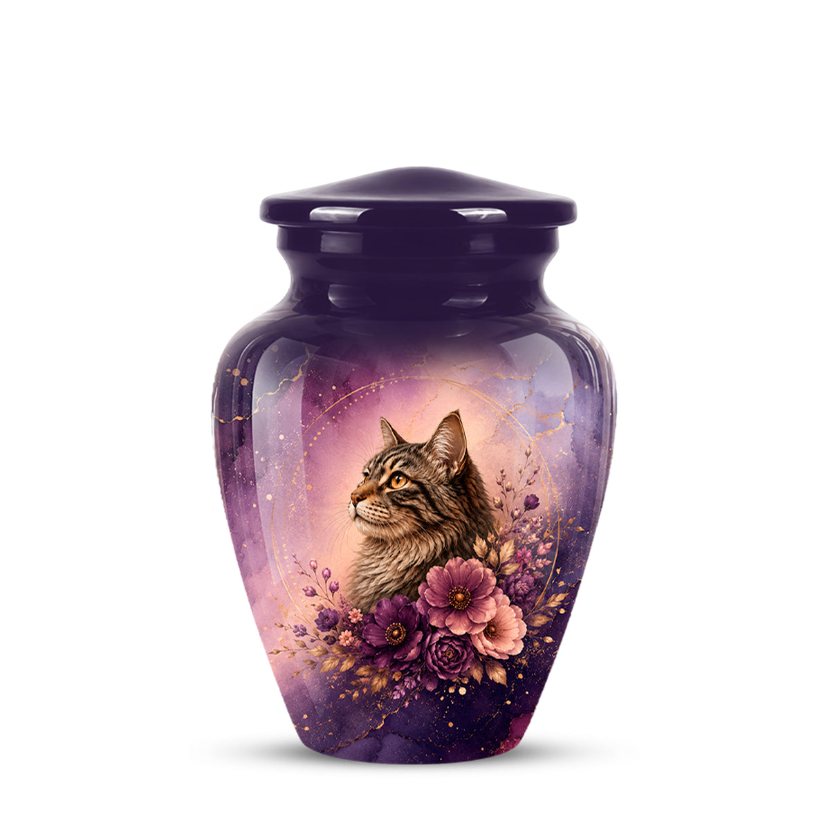 A glossy purple pet urn with a lid, featuring a printed illustration of a tabby cat surrounded by pink and purple flowers on a light purple background.