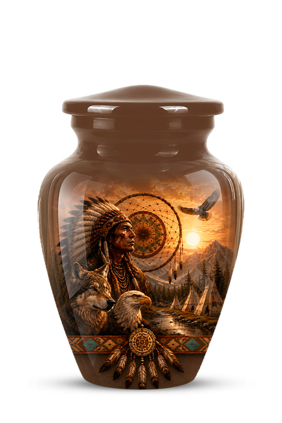 A glossy brown ceramic cremation urn with a lid, featuring a detailed front print of a Native American portrait, eagle, dreamcatcher, and sunset landscape.