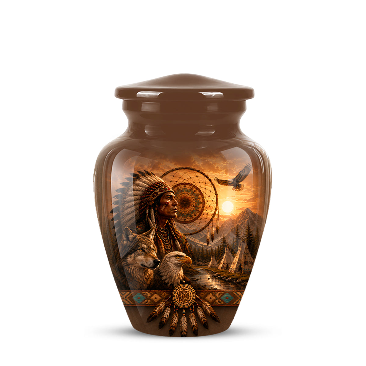 A glossy brown ceramic cremation urn with a lid, featuring a detailed front print of a Native American portrait, eagle, dreamcatcher, and sunset landscape.