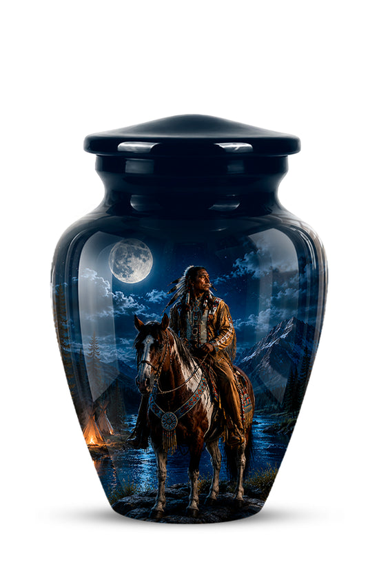 A glossy black ceramic cremation urn with a lid, featuring a detailed printed graphic of a cowboy riding a horse under a full moon at night.