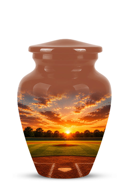 A glossy ceramic cremation urn with a lid, featuring a printed design of a baseball field at sunset on the front, set against a plain white background.
